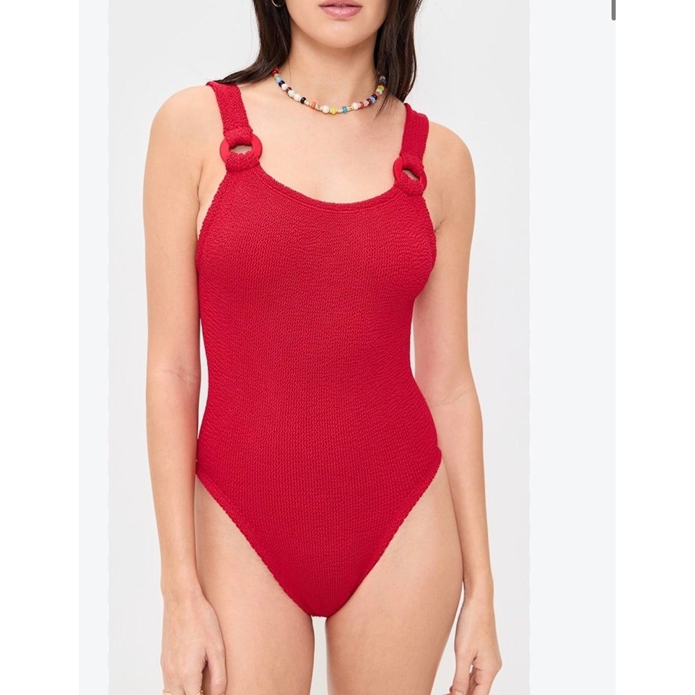 Hunza G Domino Embellished One Piece Swimsuit Red Crinkle Smocked Ring Detail OS